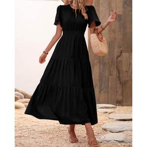 Robe maxi décontractée d'été pour femmes sur mesure, longueur genoux, avec manches bouffantes, col smocké, taille cintrée, design bohème floral à volants - Product Image 4