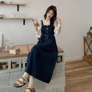 Gonna in denim con bretelle stile coreano da college, da <span class=keywords><strong>donna</strong></span>, per l'inizio dell'autunno, nuovo modello di tendenza di quest'anno, vestito testurizzato - Product Image 2
