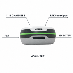 เครื่องรับสัญญาณ GNSS รุ่น Alpha RTK 5i 8 มม. RTK 2.5 มม. แบบคงที่ 60 องศาเอียง 400Hz สำหรับงานสำรวจ มาตรฐาน IP67 1116 ช่องสัญญาณ GNSS - Product Image 1