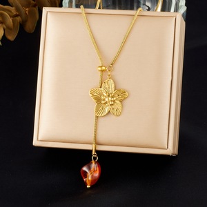 Gold Plated Camellia Pendant Necklace With Snake Chain Resin Drop For Daily Wear Gift - Product Image 1