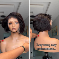 Perruques Courtes Ondulées Pixie Cut Sans Colle en Cheveux Humains, Coupe Droite, Bob Dégradé, Perruques Full Lace pour Femmes Noires