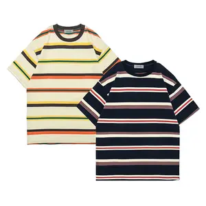 Vintage Striped Cotton Knit Men's Loose Crew Neck Drop Shoulder Short Sleeve Casual Oversize T-Shirt for Men