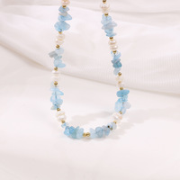 Parure de bijoux aquamarine style bohème avec collier ras-du-cou et bracelet en perles de culture d'eau douce pour femme, idéale pour le quotidien, les fêtes et les vacances