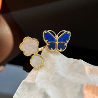 Bague ouverte en laiton plaqué or, design papillon et trèfle à quatre feuilles, nacre, style rétro, haut de gamme, sophistiqué, de style français