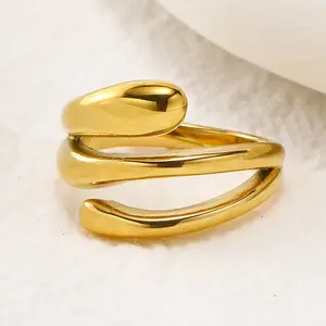Minimalista Tarnish Free Jewelry 18k Banhado A Ouro Anel Impermeável Em Aço Inoxidável Multi Layered Line Anel Geométrico Para As Mulheres