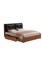 Lit double en bois massif de style médiéval avec tiroirs sous le lit, prise de charge USB et dossier rembourré SMC095