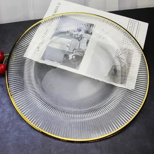 Hot Selling China Wholesale Glass Under Plate Eco-friendly Gold Rim Clear Glass Charger Plates For Wedding Banquet Party