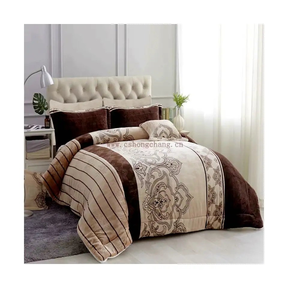 Crown pattern printed design and 3D embossed flannel fleece full/king/queen size bedsheet/comforter bedding 3pcs set