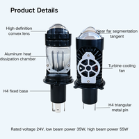 Ampoule de phare LED H4 24V 35W (faisceau bas) 55W (faisceau haut) avec ventilateur turbo et lentille de mini-projecteur, 6000 lm 6000K