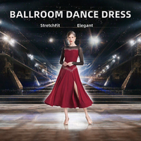 Robe de danse de salon bordeaux pour femme, robe de compétition et d'entraînement, en spandex, polyester, strass, sans manches, maille, adulte