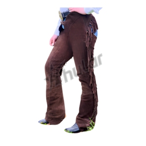 Exclusivos pantalones de montar de cuero de ante marrón para mujer con flecos y cierre de botón, colores personalizados para motociclismo y equitación - Product Image 1