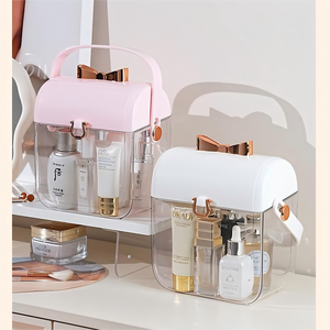 Cute Girls Transparent <strong>Plastic</strong> Cosmetic Storage Box Makeup Organizer Ribbon Flip Cover <strong>Lid</strong>, Portable <strong>Container</strong> Storage Box - Product Image 4