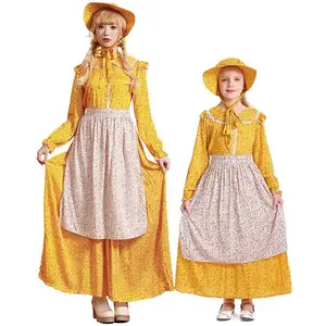 תחפושת ילדה קולוניאלית צהובה פרחונית שמלת פיונירים לילדות מסיבת בית ספר ליל כל הקדושים להתלבש