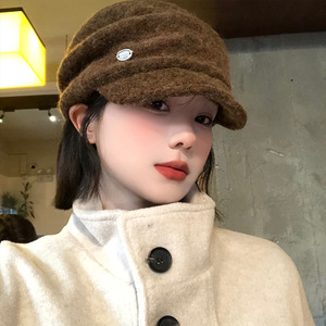 Béret plissé rétro pour femme, en polaire, chaud, pour l'automne et l'hiver, couleur café, blanc, gris, style casquette de newsboy - Product Image 3