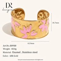 Gelang Lebar Bunga Enamel Baja Anti Karat Berlapis Emas 18K Dingran untuk Wanita, Grosir Perhiasan Modis Trendi Romantis Warna Pink Ungu