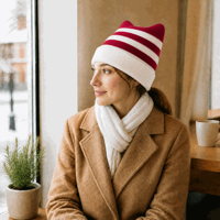 Bonnet tricoté à rayures rouges et blanches avec oreilles de chat de dessin animé, personnalisable avec logo, vente en gros d'usine OEM, bonnet chaud et tendance pour fille, idéal pour l'hiver