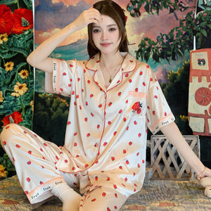 <span class=keywords><strong>Pyjama</strong></span> en satin à imprimé animal mignon style Ins pour femmes, manches courtes, pantalon long, vêtements de détente pour le printemps et l'été - Product Image 3