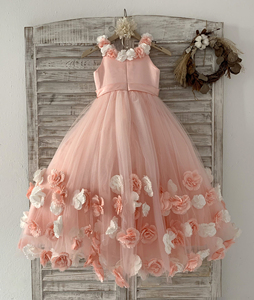 Robe de demoiselle d'honneur en tulle rose blush avec fleurs 3D, robe de fête pour enfants, robe de princesse - Product Image 4