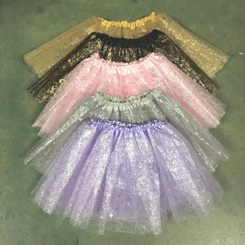 Wholesale 3 Layers Sparkle Tulle Skirts Gold Color Kids Girls Glitter Tutu For 3-8 Years