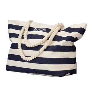 Sac de plage en toile surdimensionné personnalisé avec fermeture éclair, poignée en corde de couleur naturelle, logo brodé personnalisé, rayé - Product Image 1