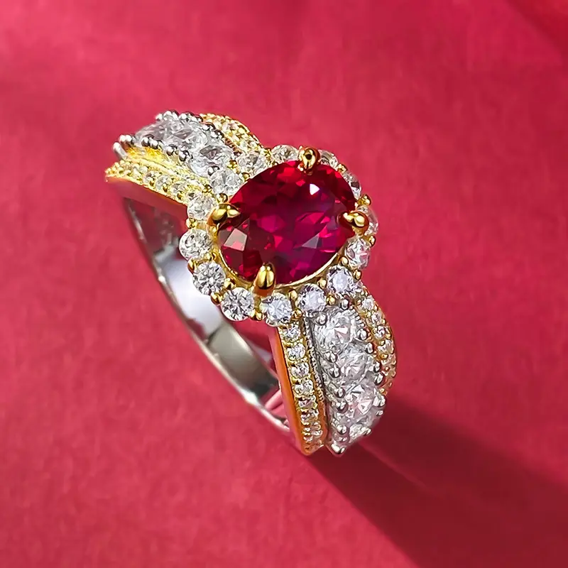 Cincin perak renda Prancis 925 baru, cincin merah darah merpati simulasi, cincin mode Model romantis