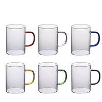 Tasse en verre borosilicate haute résistance à paroi simple, design moderne, poignée colorée, corps droit, sans couvercle, pour jus et boissons froides domestiques