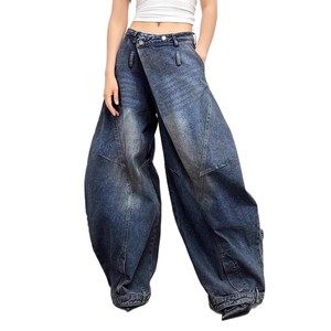 <strong>Women</strong> Asymmetrical Wrap High Waist <strong>Baggy</strong> Wide Leg Jeans Vintage Washed Panel Seam Oversized Y2K Streetwear Denim <strong>Trousers</strong> - Product Image 1