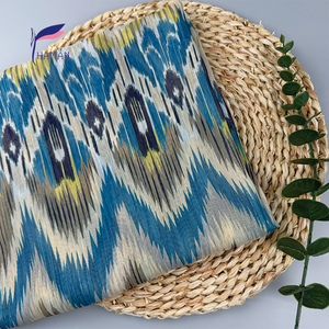 Tissu géométrique 100 % polyester 60 g/m² en gros, bleu électrique, lignes métalliques dorées en zigzag, ultra-transparent, entoilage - Product Image 2