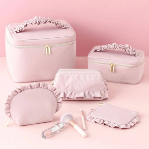 Customized logo Luxury Designer Soft Frill Round pink Pouch Travel Skincare Beauty <b>case</b> Waterproof Nylon <b>Makeup</b> Bag - Product Image 1