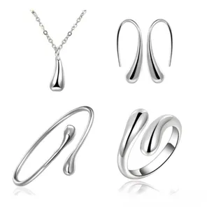 Christmas Gift Fashion Silver Water droplet Jewelry Twisted Ring And Bangle earring necklace Gold Plated Four Piece Jewelry Sets