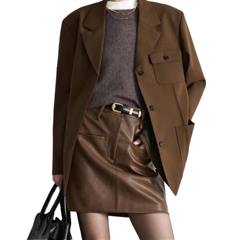 Custom Fashion Genuine Leather Skirt a Line High Waist Elegant Ladies Women's Leather Skirt