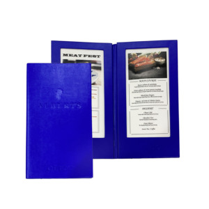 Portamenús de Cuero PU con Luces LED, 2 Páginas, Diseño de Menú con Cubierta Rígida Brillante, Cubiertas de Menú Azules con Luces - Product Image 1