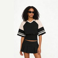 Camiseta Retro de Manga Corta con Cuello en V y Bloques de Color para Mujer, Marca AMCLEVER, con Puños Anchos y Corte Ajustado
