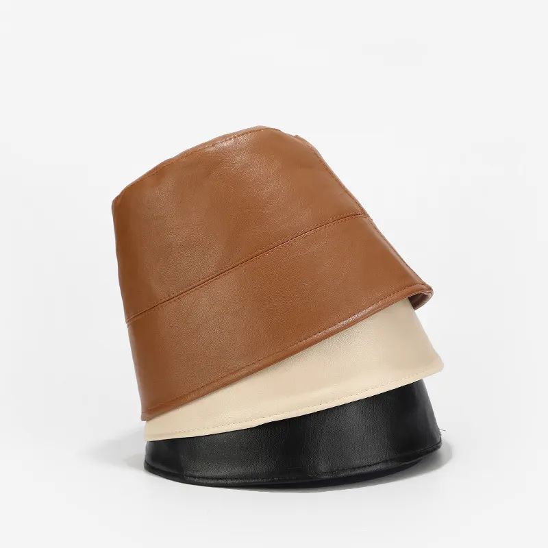 WXL442 PU 가죽 어부 모자 가을 솔리드 탑 파나마 어부 모자 겨울 패션 레트로 PU 양동이 모자