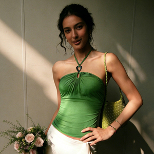 Vintage Dark Green Sexy Cut Out Wooden Button Design Halter Top Summer Vacation Slim Fit Versatile Open Back Top - Product Image 1