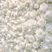 EG-M041 5D 8ft X 8ft Mur de fleurs artificielles en tissu de soie enroulable, roses réalistes et douces, blanches, pour décoration de toile de fond de mariage