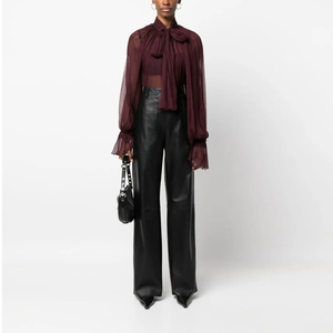 <span class=keywords><strong>Chemise</strong></span> plissée à manches longues de couleur unie rétro pour femmes pour l'automne Vêtements décontractés amples avec <span class=keywords><strong>col</strong></span> à volants Tissu respirant tissé - Product Image 4