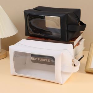 Rts Pu Leather Fashion <b>Makeup</b> Bag Transparent Window Zipper Water Resistant Large Capacity Portable Cosmetic Organizer <b>Case</b> - Product Image 2