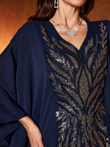 <span class=keywords><strong>Robe</strong></span> de soirée élégante pour femmes, col en V, manches chauve-souris, <span class=keywords><strong>longue</strong></span>, luxueuse, haut de gamme, avec des paillettes, des dentelles, des patchwork, en satin mat <span class=keywords><strong>bleu</strong></span> <span class=keywords><strong>marine</strong></span> - Product Image 5