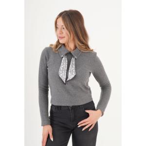 Blusa Antracita para Mujer, Estilo Vintage, Corte Holgado, Tejida en Algodón, con Cuello Tipo Bufanda, Casual-Formal, para Primavera, Verano y Otoño - Product Image 3