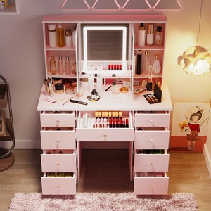 Gran oferta, tocador de maquillaje moderno de madera rosa, tocador de 9 cajones con 3 espejos, estantes de almacenamiento ocultos para dormitorio - Product Image 1