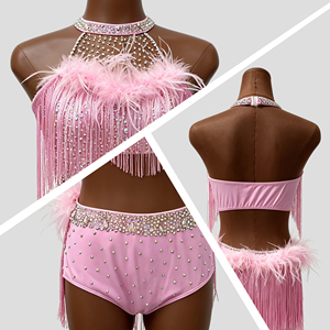 Costume de danse jazz rose à franges et plumes, sexy, dos nu, avec strass, pour femme, tenue de danse latine, tenue de compétition lyrique - Product Image 2