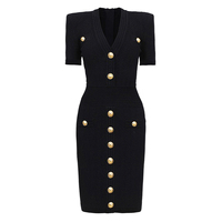 Robe moulante en maille côtelée rouge pour femme, col en V, manches courtes, boutons dorés sur le devant, mini-robe pull ajustée, vente en gros