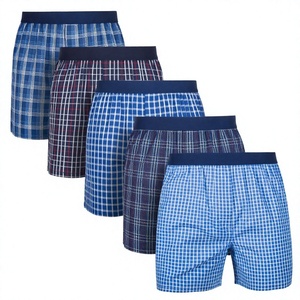 Lot de 5 boxers pour hommes à carreaux, taille mi-haute, tissés 100 % coton, respirants, lavables en machine, motif bleu - Product Image 3