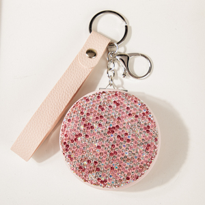 Espejo Compacto con Pedrería Rosa y Blanca, con Llavero y Correa de Muñeca de Cuero PU, Espejo de Maquillaje Redondo y Acolchado de Bolsillo - Product Image 1