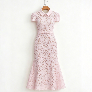 Abiti Midi <span class=keywords><strong>con</strong></span> Maniche Corte e Pizzo Floreale per Donne, Colletto Rovesciato <span class=keywords><strong>con</strong></span> Design a <span class=keywords><strong>Cintura</strong></span>, Vestito Formale da Sera per Feste - Product Image 4
