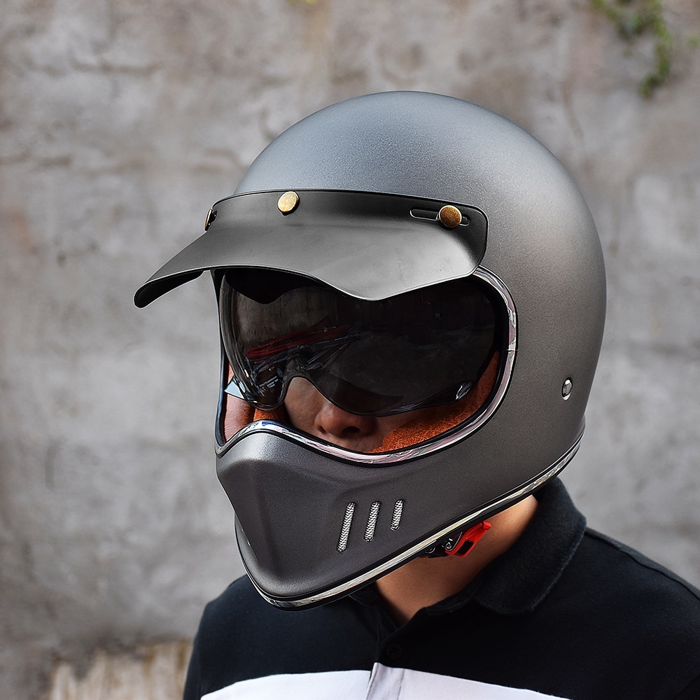 Casque Intégral Moto Vintage Avec Visière - Homologué ECE - Casque Motocross Homme Femme - Protection Quatre Saisons