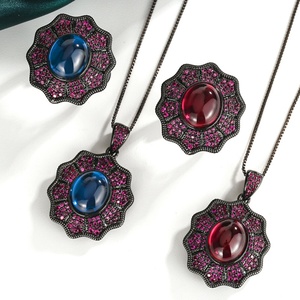 Ensemble de bijoux de mariée en cuivre écologique plaqué or noir, avec zircone cubique rouge 10*12mm, collier et bague pour mariage, vente en gros - Product Image 1