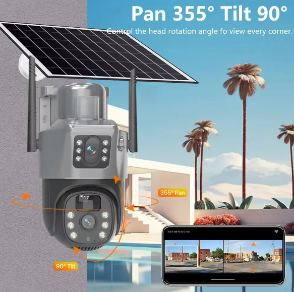 4G LTE Solar Security Camera Dual 2MP Lens Outdoor PTZ Camera Color Night Vision Human Detection Two-Way Audio No WiFi