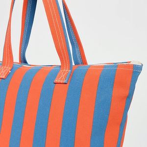 Sac fourre-tout en toile imperméable avec fermeture éclair, broderie de logo personnalisé, grand format, durable, rayé, en coton, pour femmes, printemps-été - Product Image 3